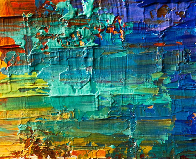 May include: Abstract painting with thick layers of blue, green, yellow, and orange paint. The paint is applied in a textured, impasto style, creating a dynamic and expressive surface.