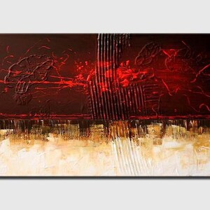 May include: Abstract painting with red, brown, and white paint. The painting has a textured surface and a bold, modern style.