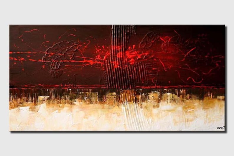 May include: Abstract painting with red, brown, and white paint. The painting has a textured surface and a bold, modern style.