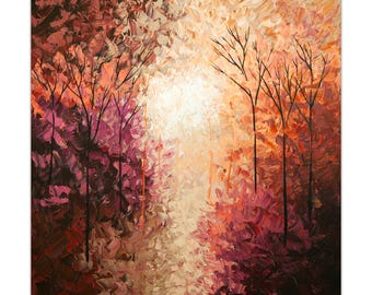 Autumn Landscape Painting – Textured Warm Forest Wall Art for Living Room Décor