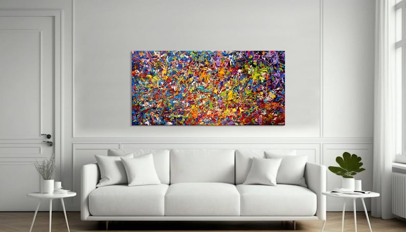 May include: Abstract painting with a colorful, textured, and dynamic composition. The painting features a variety of colors, including blue, red, yellow, green, and purple. The paint is applied in a thick, impasto style, creating a three-dimensional effect.