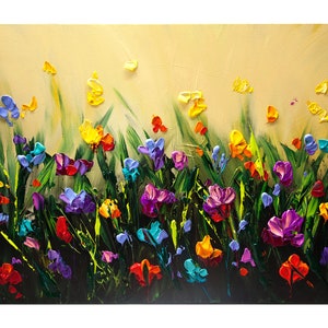 May include: A colorful painting of a field of flowers in shades of purple, blue, yellow, orange, and red. The flowers are painted in a thick, textured style, and the background is a soft yellow.