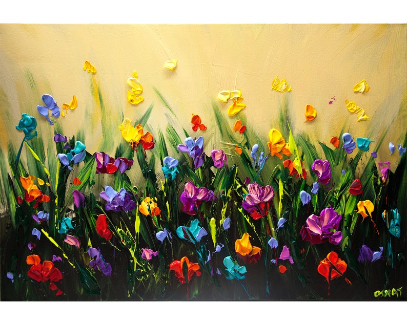 May include: A colorful painting of a field of flowers in shades of purple, blue, yellow, orange, and red. The flowers are painted in a thick, textured style, and the background is a soft yellow.