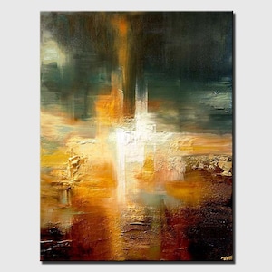 May include: Abstract painting with a textured surface. The painting features a mix of dark green, brown, orange, and white colours. The colours are blended together to create a sense of depth and movement.
