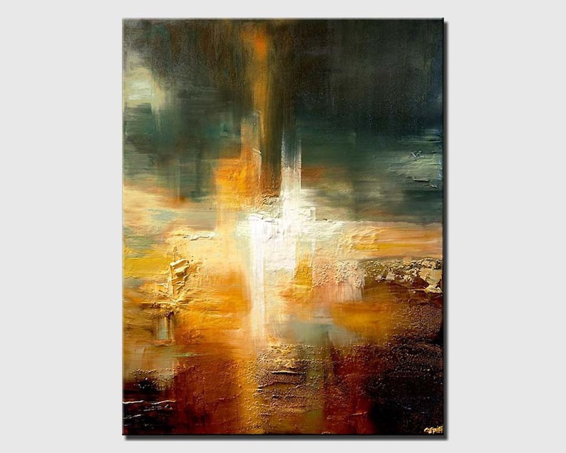 May include: Abstract painting with a textured surface. The painting features a mix of dark green, brown, orange, and white colours. The colours are blended together to create a sense of depth and movement.