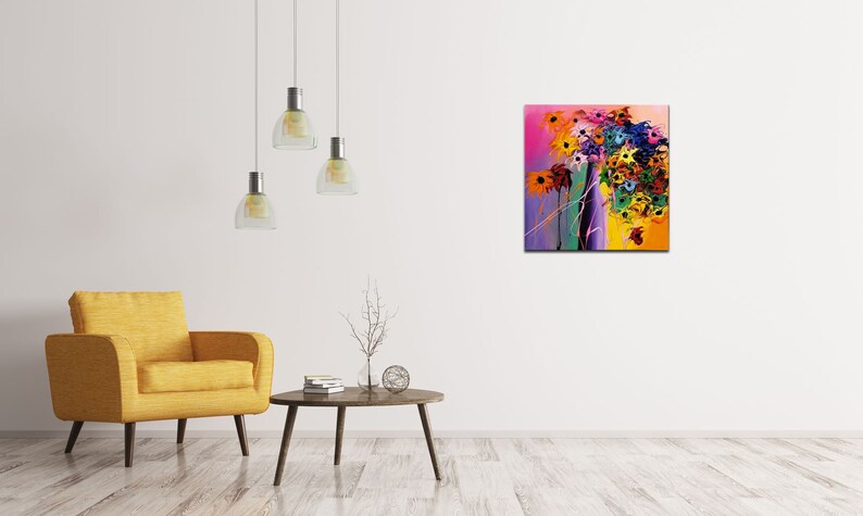 May include: Abstract painting of a colorful bouquet of flowers with pink, yellow, orange, green, blue, and purple hues. The flowers are painted in a loose, expressive style.