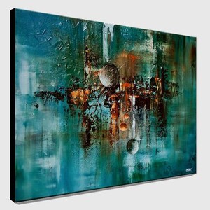 May include: Abstract painting with a teal, blue, and brown color scheme. The painting features a textured surface and several circular shapes.