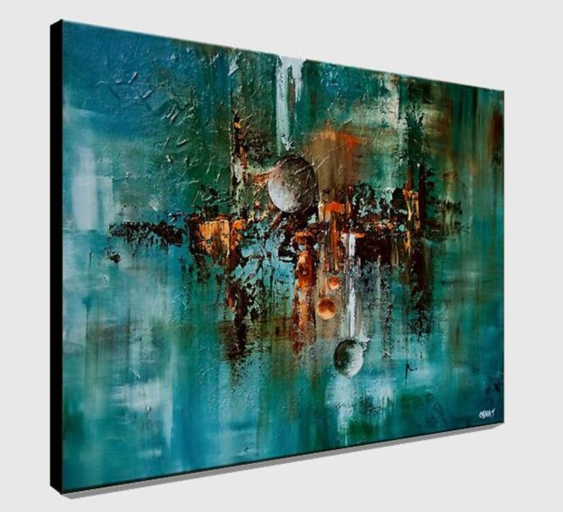 May include: Abstract painting with a teal, blue, and brown color scheme. The painting features a textured surface and several circular shapes.
