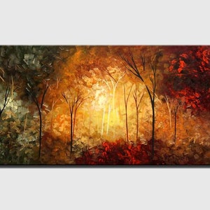May include: Abstract painting of a forest scene with trees in shades of green, brown, orange, and red. The trees are silhouetted against a bright yellow background, creating a sense of depth and light.
