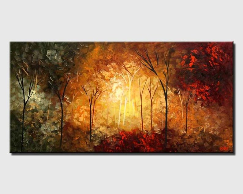 May include: Abstract painting of a forest scene with trees in shades of green, brown, orange, and red. The trees are silhouetted against a bright yellow background, creating a sense of depth and light.