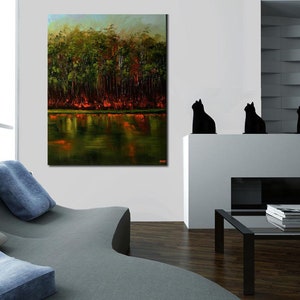 May include: A painting of a forest reflected in a still lake. The trees are a mix of green and brown, with some red leaves. The water is a dark green, with reflections of the trees and sky.