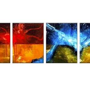 May include: Abstract art painting in four panels. The first two panels feature a red and orange color scheme with a dark background. The last two panels feature a blue and green color scheme with a dark background.