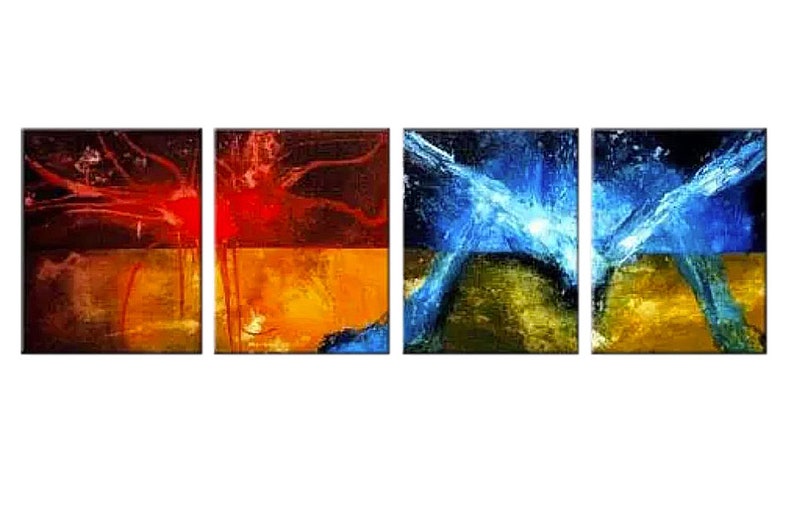 May include: Abstract art painting in four panels. The first two panels feature a red and orange color scheme with a dark background. The last two panels feature a blue and green color scheme with a dark background.
