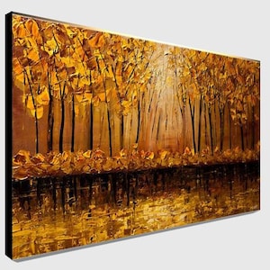 May include: A painting of a forest scene with golden trees and a reflective lake. The trees are painted in a thick, textured style, and the light is shining through the leaves. The lake is a deep blue, and the reflections of the trees are visible in the water.