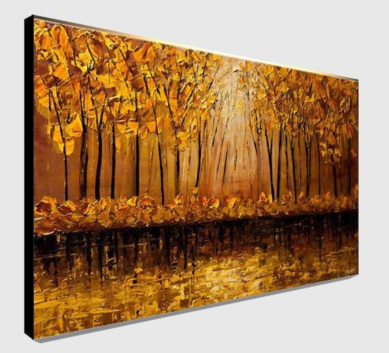 May include: A painting of a forest scene with golden trees and a reflective lake. The trees are painted in a thick, textured style, and the light is shining through the leaves. The lake is a deep blue, and the reflections of the trees are visible in the water.