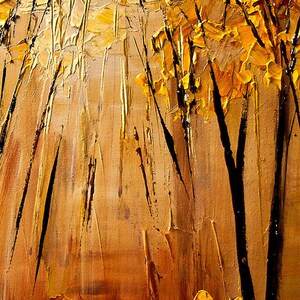 May include: Abstract painting of a forest scene with tall, thin trees in shades of brown and gold. The trees are painted with thick, textured strokes, creating a sense of depth and movement. The background is a soft, golden color, suggesting a warm, sunny day.