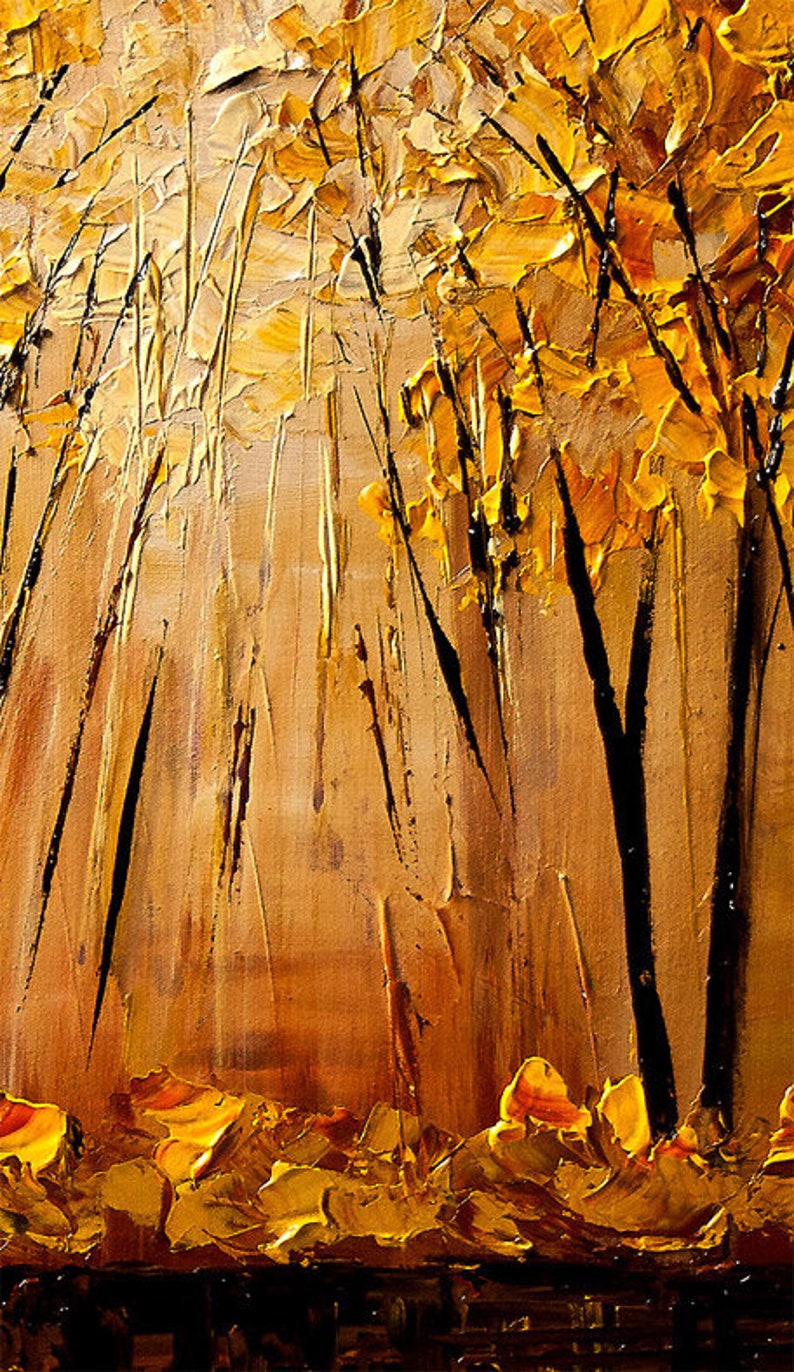 May include: Abstract painting of a forest scene with tall, thin trees in shades of brown and gold. The trees are painted with thick, textured strokes, creating a sense of depth and movement. The background is a soft, golden color, suggesting a warm, sunny day.
