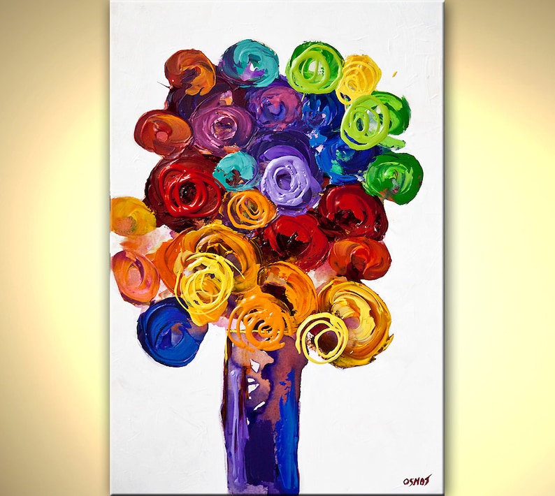 May include: Abstract painting of a colorful tree with a thick trunk and a large, round canopy of swirling, vibrant colors. The colors include red, orange, yellow, green, blue, purple, and pink.