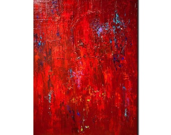 May include: Abstract painting with a red background and splashes of blue, purple, and yellow paint.