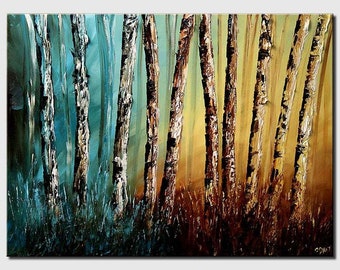 original tree Painting oil on canvas textured Forest Painting, teal wall art landscape painting modern home decor CUSTOM ART