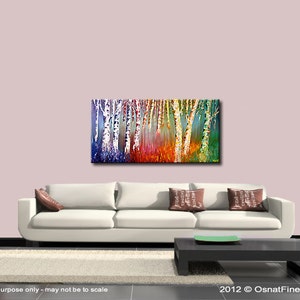 May include: Abstract painting of a birch forest with colorful, textured brushstrokes. The trees are white with black markings and the background is a gradient of blue, purple, red, orange, and yellow.