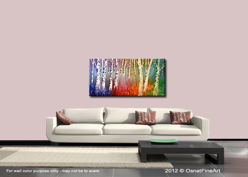 May include: Abstract painting of a birch forest with colorful, textured brushstrokes. The trees are white with black markings and the background is a gradient of blue, purple, red, orange, and yellow.