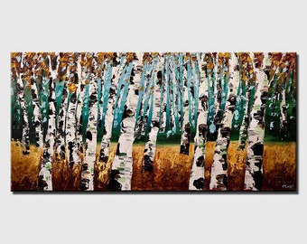 Teal Birch Tree Forest Painting: Textured Abstract Landscape on Canvas