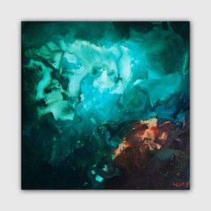 May include: Abstract painting with swirling teal, turquoise, and blue hues. The background is a deep green, and there are hints of brown and red in the lower right corner.