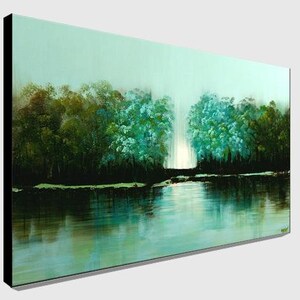 May include: A painting of a forest scene with a lake in the foreground. The trees are a mix of green and blue, and the water is a light blue. The sky is a light blue and there is a white glow in the distance.