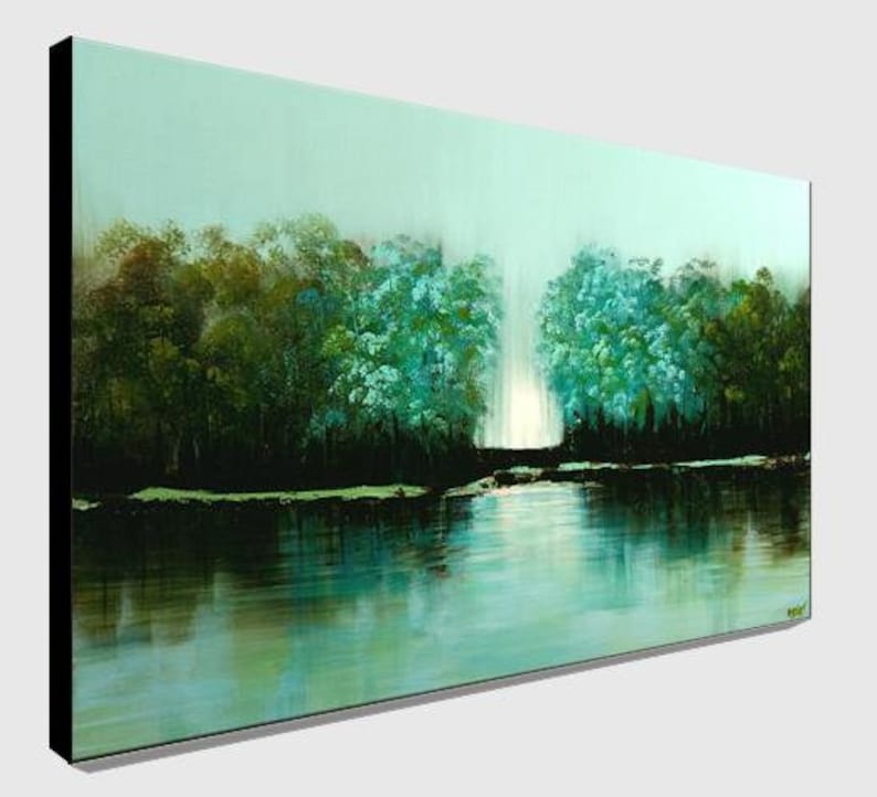 May include: A painting of a forest scene with a lake in the foreground. The trees are a mix of green and blue, and the water is a light blue. The sky is a light blue and there is a white glow in the distance.