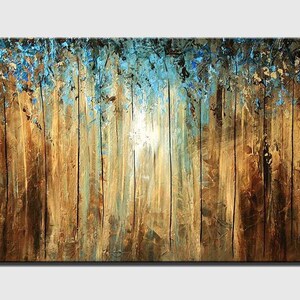 May include: Abstract painting of a forest scene with tall, thin trees in shades of brown, gold, and blue. The trees are painted with a textured brushstroke, creating a sense of depth and movement. The light shines through the trees, creating a warm and inviting atmosphere.