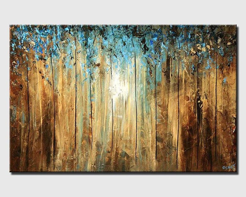 May include: Abstract painting of a forest scene with tall, thin trees in shades of brown, gold, and blue. The trees are painted with a textured brushstroke, creating a sense of depth and movement. The light shines through the trees, creating a warm and inviting atmosphere.