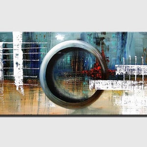 May include: Abstract painting with a large, circular, gray and black shape in the center. The background is a mix of blue, green, and brown colors with white lines and shapes.
