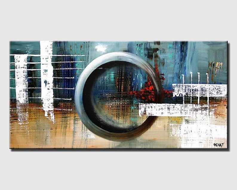 May include: Abstract painting with a large, circular, gray and black shape in the center. The background is a mix of blue, green, and brown colors with white lines and shapes.
