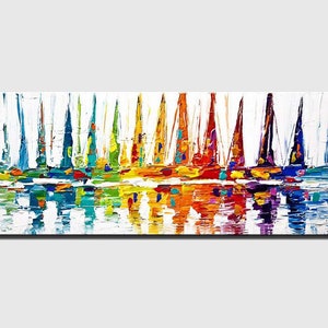 May include: Abstract painting of a colorful row of sailboats with reflections in the water. The boats are painted in shades of blue, green, yellow, orange, red, and purple. The background is white with a textured brushstroke effect.