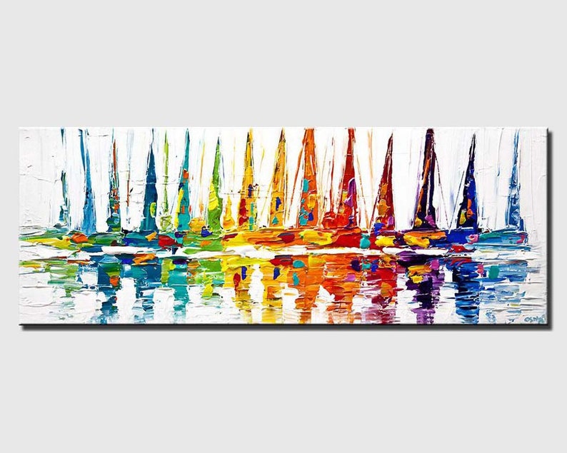 May include: Abstract painting of a colorful row of sailboats with reflections in the water. The boats are painted in shades of blue, green, yellow, orange, red, and purple. The background is white with a textured brushstroke effect.