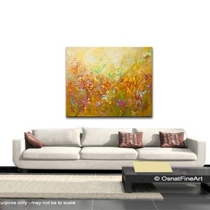 May include: Abstract painting of a field of flowers in shades of yellow, orange, red, and purple. The painting is textured and has a light, airy feel.