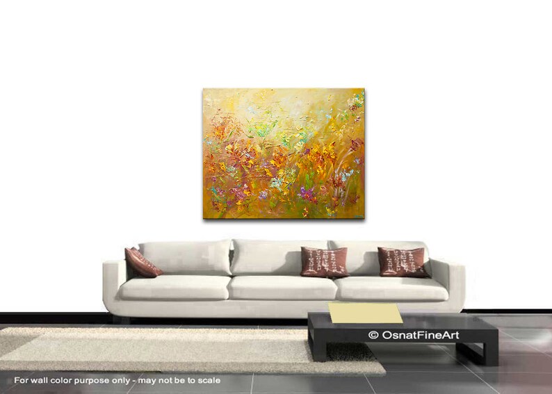 May include: Abstract painting of a field of flowers in shades of yellow, orange, red, and purple. The painting is textured and has a light, airy feel.