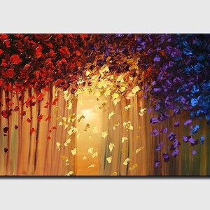 May include: Abstract painting with a colorful, textured, and layered design. The painting features a central path of yellow and gold, surrounded by red, purple, and blue hues. The painting has a vertical format and a brushstroke style.