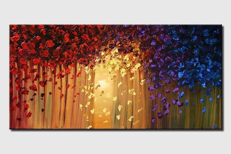 May include: Abstract painting with a colorful, textured, and layered design. The painting features a central path of yellow and gold, surrounded by red, purple, and blue hues. The painting has a vertical format and a brushstroke style.