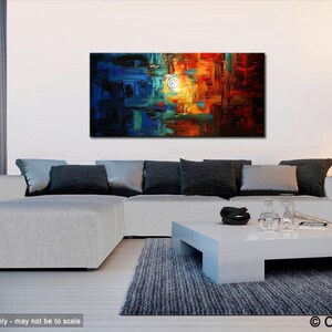 May include: Abstract painting with a mix of blue, green, orange, and red colors. The painting features a white circle in the center and a textured brushstroke style.