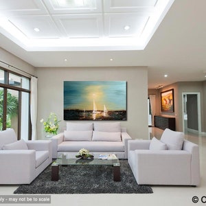 May include: A living room interior with a large abstract painting of a seascape with sailboats. The painting is in shades of blue, green, and yellow. The room is decorated with white furniture and a glass coffee table.