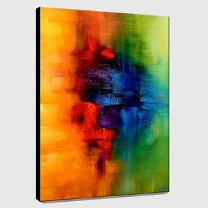 May include: Abstract painting with a vibrant color scheme. The painting features a central area of blue, purple, and red, surrounded by yellow and green. The colors blend and overlap, creating a dynamic and energetic composition.