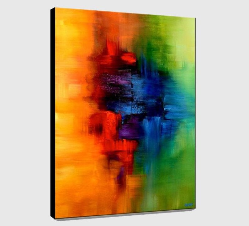 May include: Abstract painting with a vibrant color scheme. The painting features a central area of blue, purple, and red, surrounded by yellow and green. The colors blend and overlap, creating a dynamic and energetic composition.