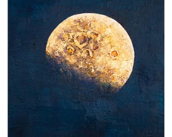 Gold Leaf Moon Painting, Navy Blue Textured Abstract Art, Square