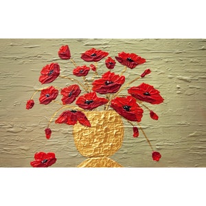 May include: A painting of a bouquet of red poppies in a gold vase against a textured green background.