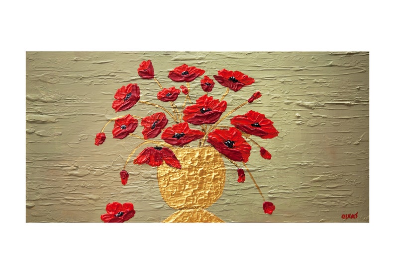 May include: A painting of a bouquet of red poppies in a gold vase against a textured green background.
