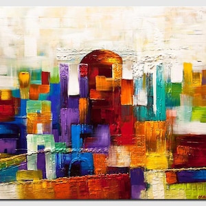 May include: Abstract painting with a mix of bright colors, including red, orange, yellow, green, blue, and purple. The painting is made up of squares and rectangles, and the colors are blended together to create a sense of depth and movement.