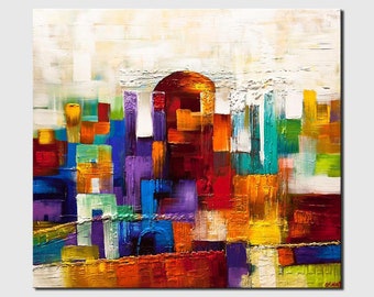 handmade art on canvas, Colorful Jerusalem painting art abstract PRINT, Based on My Abstract Painting by Osnat