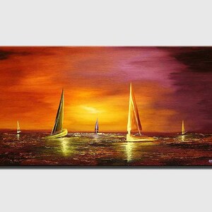 May include: A painting of a sunset over the ocean with sailboats in the water. The sky is a mix of orange, red, and purple. The water is a dark blue.